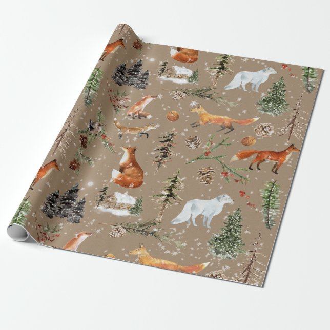 Papier Cadeau Rustique Kraft Tout Bois & Renard Arctique (Déroulé)