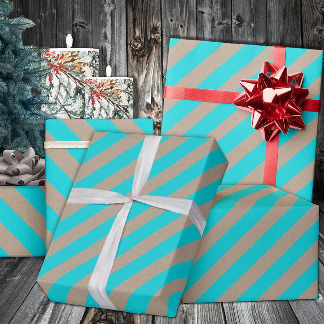 Papier Cadeau Rustique Kraft Turquoise Bleu Large bande vacances (Rustic Kraft Turquoise Blue Wide Stripe Holiday Wrapping in 6 and 15 foot long 30 Inch Width Rolls
)