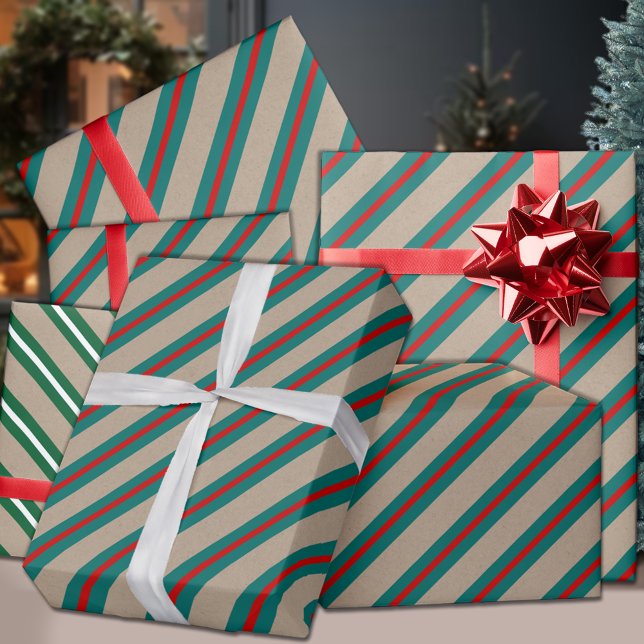 Papier Cadeau Rustique Kraft Turquoise Vert Rouge Large bande Va (Rustic Kraft Teal Green Red Wide Stripe Holiday Wrapping Paper in 30 inch tall 6 & 15 ft long rolls)
