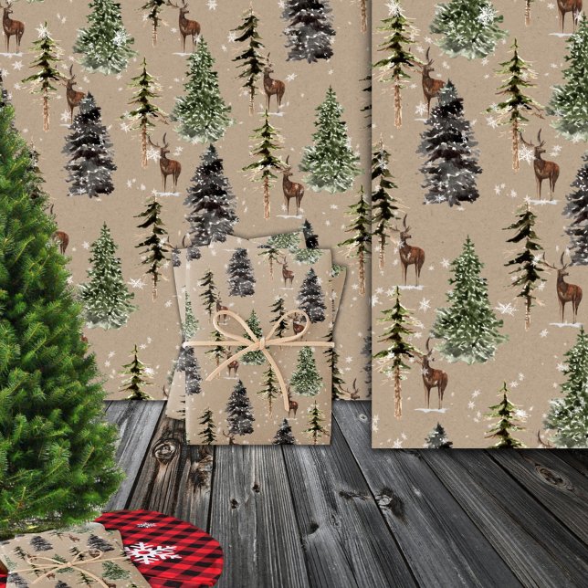 Papier Cadeau Rustique Kraft Winter Woodland Spruce Trees & Deer (Rustic Kraft Winter Woodland 
Spruce Trees & Deer Christmas Holiday Wrapping Paper Rolls)