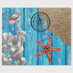 Papier Cadeau Rustique Nautique Bleu Burlap Starfish