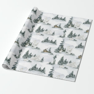 Papier Cadeau Rustique Noël Forêt Montagne Cabine Cadeau