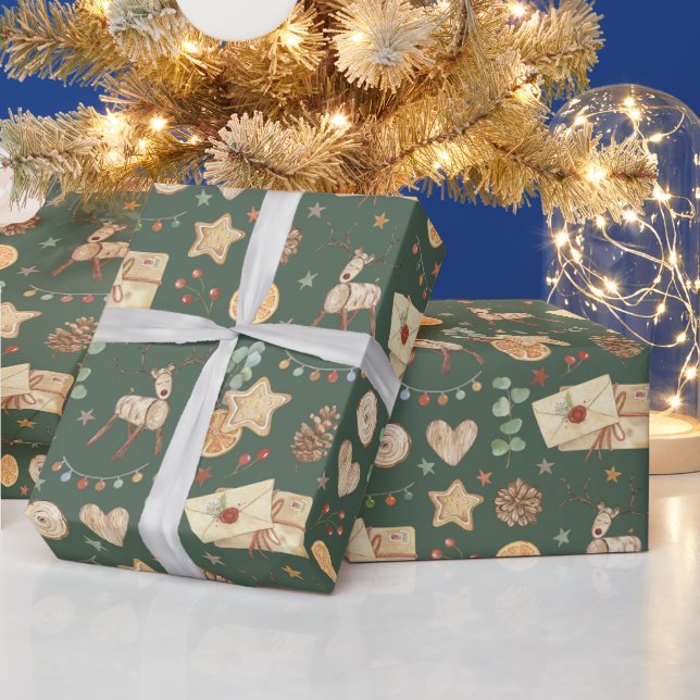 Papier Cadeau Rustique Noël Reindeer Aquarelle Festif (Vacances)