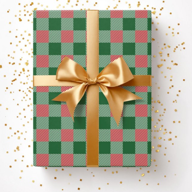 Papier Cadeau Rustique Noël Vert Plaid Motif (Rustic Christmas Green Plaid Pattern Wrapping Paper)
