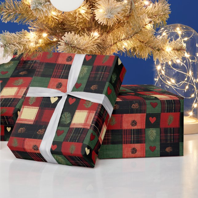Papier Cadeau Rustique Rouge Vert Plaid Coeurs Noël (Vacances)