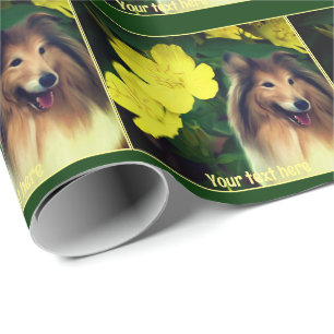 Papier Cadeau Sable Collie Et Fleurs Jaunes Personnalisé