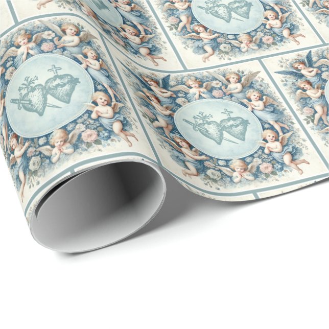 Papier Cadeau Sacré Coeur de Jésus Anges Béni Marie Floral (Coin rond)