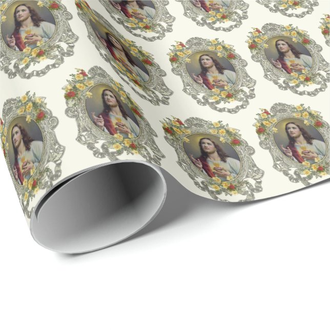 Papier Cadeau Sacré Coeur Religieux Jésus Élégant Enveloppement  (Coin rond)