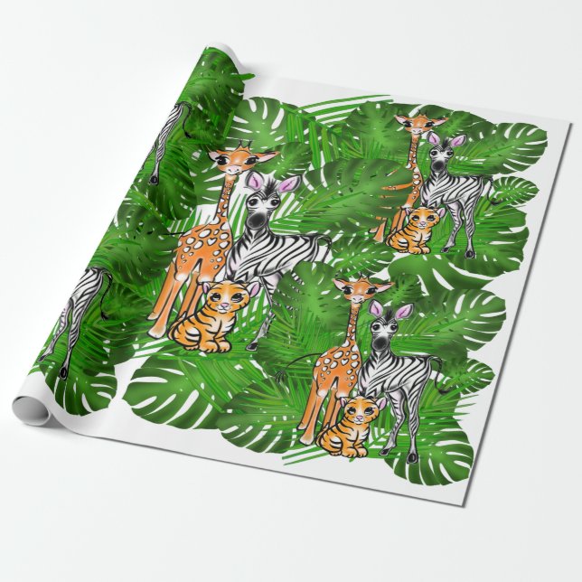 Papier Cadeau Safari amis, girafe, zèbre, tigre, palme feuilles (Déroulé)