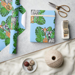 Papier Cadeau Safari amis, girafe, zèbre, tigre, palme feuilles