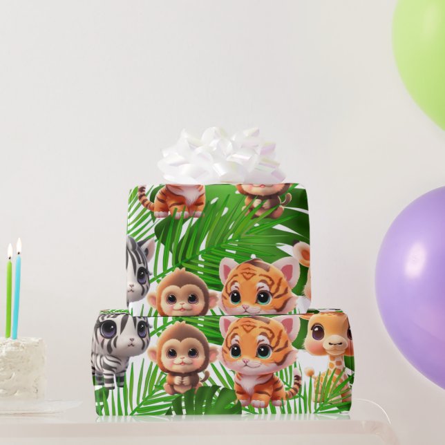 Papier Cadeau Safari amis tigre girafe zèbre singe anniversaire (Cadeaux de fête)