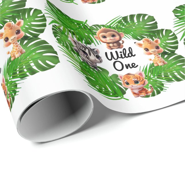 Papier Cadeau Safari amis tigre girafe zèbre singe éléphant (Coin rond)