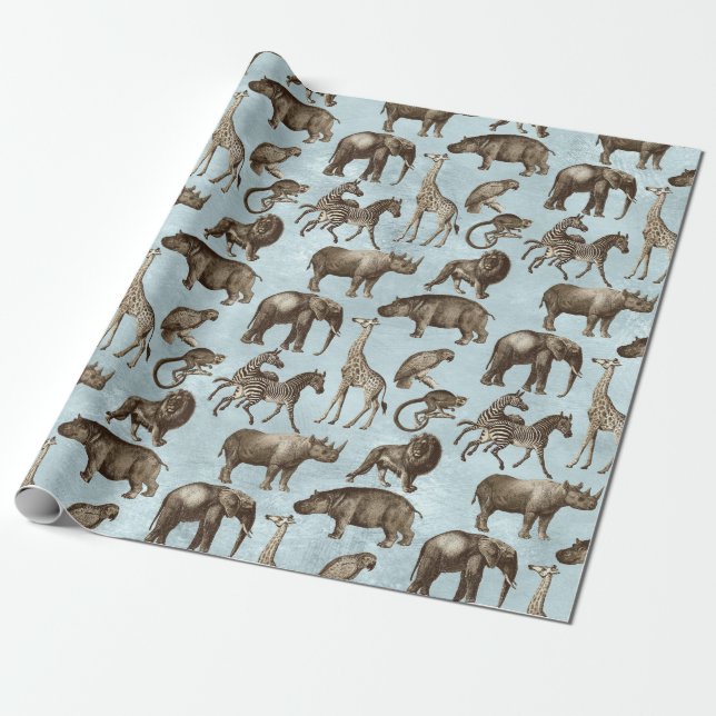 Papier Cadeau Safari Animaux en bleu clair (Déroulé)