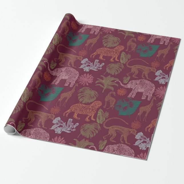 Papier Cadeau Safari Jungle vintage rose (Déroulé)