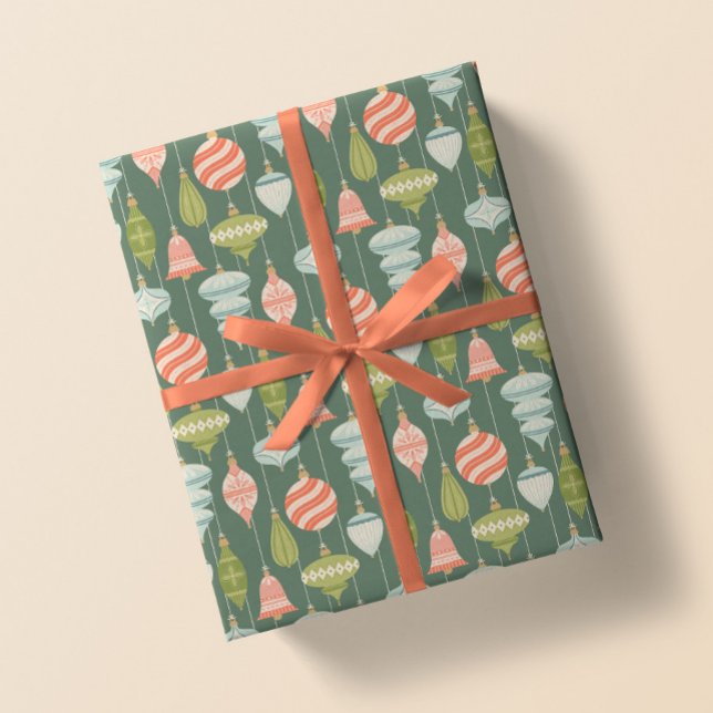 Papier Cadeau Sage Green Retro Arbre de Noël Ornements (Créateur téléchargé)