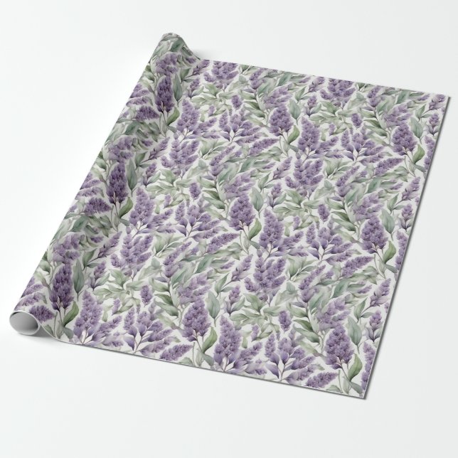 Papier Cadeau Sage romantique français et motif floral lilas (Déroulé)