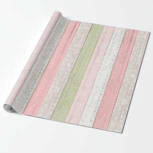 Papier Cadeau Sage rustique Vert & Rose Floral Bois Cottage Chic