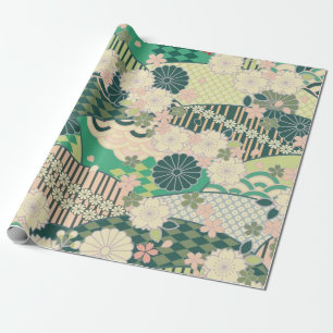 Papier Cadeau Sage Vert rose Japonais Kimono Floral Découpage