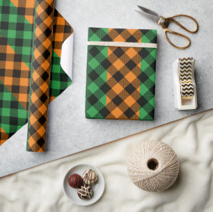 Papier Cadeau Saint Patrick's Day Green Orange Plaid Motif