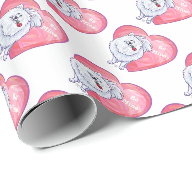 Papier Cadeau Saint-Valentin blanche de Pomeranian (Coin rond)