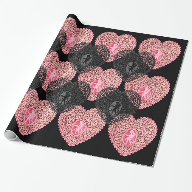 PAPIER CADEAU SAINT VALENTIN CŒURS EN DENTELLE ROSE CUPIDON (Déroulé)
