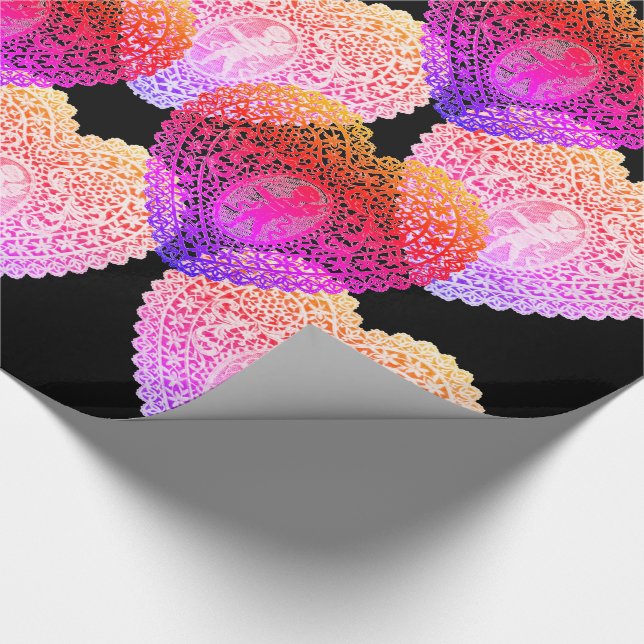 PAPIER CADEAU SAINT VALENTIN CŒURS EN DENTELLE ROSE VIOLET NOIR  (Coin)
