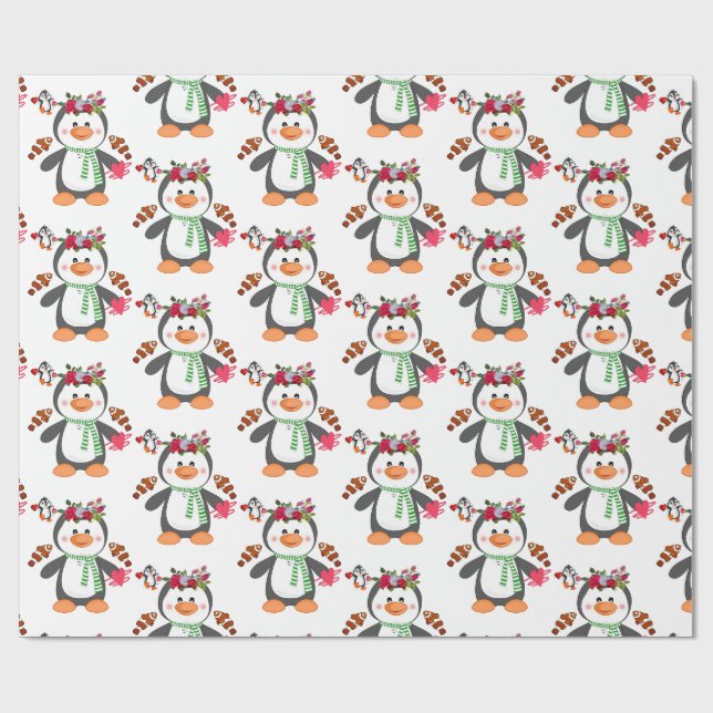 Papier Cadeau Saint-Valentin Envelopper le papier Penguin Poisso (Plat)
