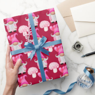 Papier Cadeau Saint-Valentin Gnomes Mignons Motif Rose Rouge
