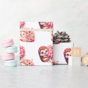 Papier cadeau Saint-Valentin Hérisson Romantique,