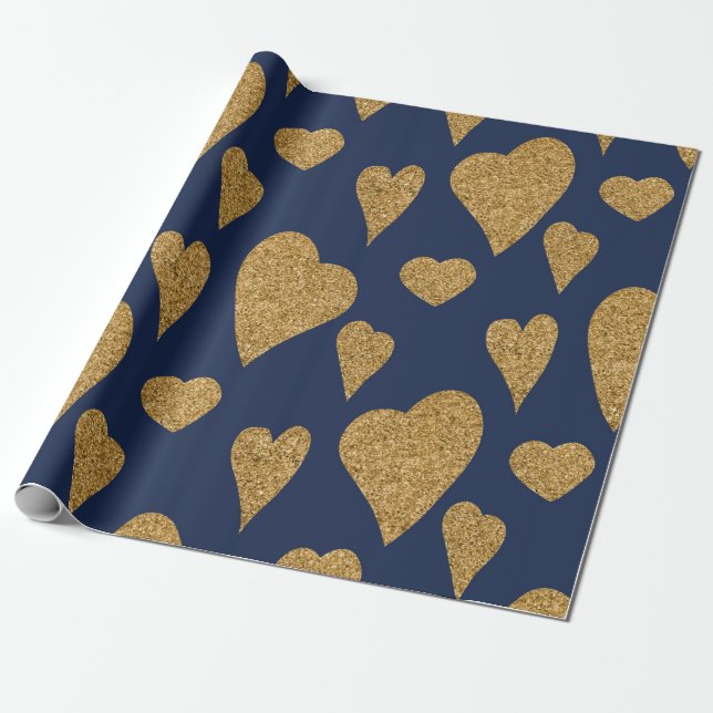 Papier Cadeau Saint Valentin Marine Coeurs bleu et or (Déroulé)