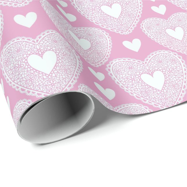 Papier Cadeau Saint Valentin Pink Lace Heart Motif (Coin rond)