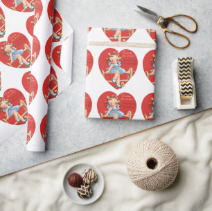 Papier Cadeau Saint-Valentin rétro, Fille vintage sur une clôtur