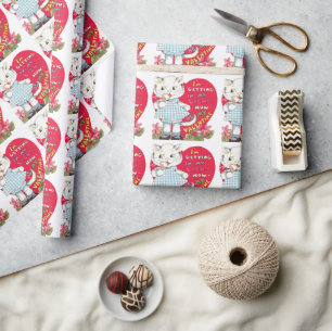 Papier Cadeau Saint-Valentin Rétro Vintage Chat Mangeant de la C