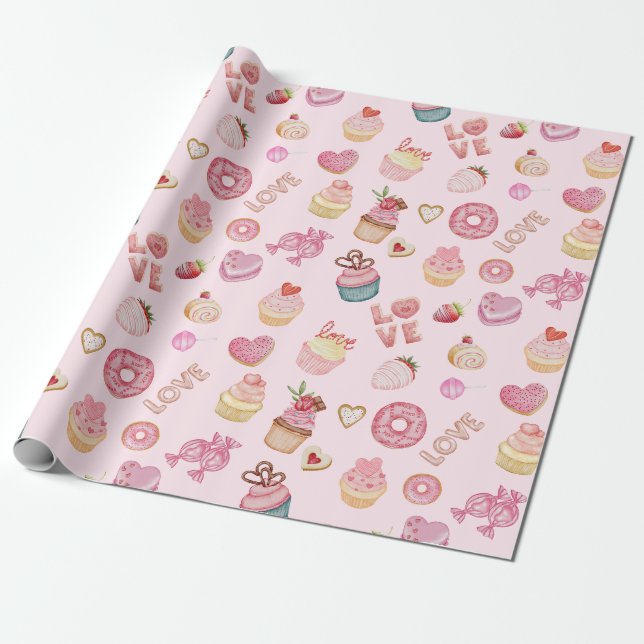 Papier Cadeau Saint Valentin Sucres et Cupcakes rose (Déroulé)