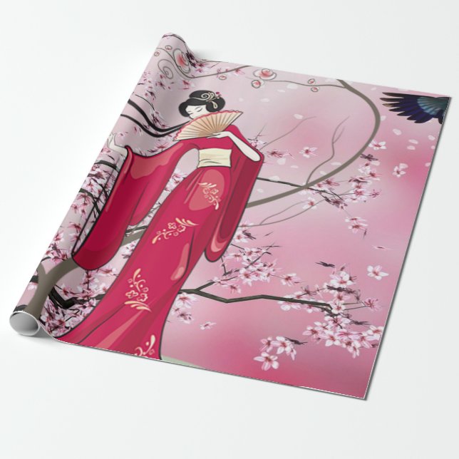 Papier Cadeau Saison Automne Dame Japonaise À Kimono (Déroulé)