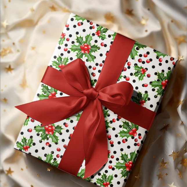 Papier Cadeau Saison de vacances Green Holly Feuilles et Red Ber (Créateur téléchargé)