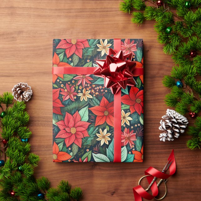 Papier Cadeau Saison Noël Boho Poinsettia Design (Cadeau de vacances)