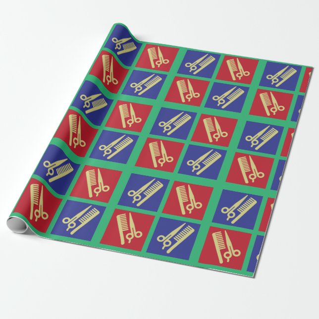 Papier Cadeau Salon de coiffure avec peigne et ciseaux (Déroulé)