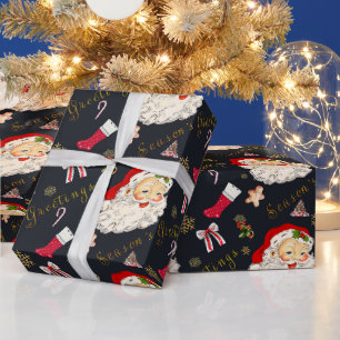 Papier Cadeau Salutation de Noël Père Noël vintage sur noir