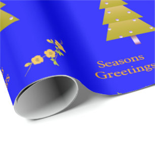 Papier Cadeau Salutation de saison Blue Gold Trees Wrapping Papi