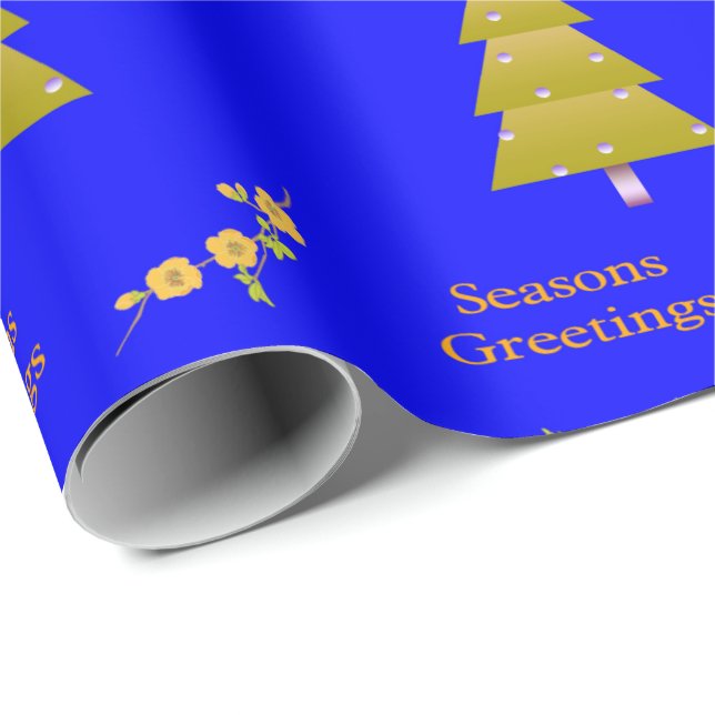 Papier Cadeau Salutation de saison Blue Gold Trees Wrapping Papi (Coin rond)