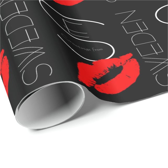 Papier Cadeau Salutations de Suède Rouge Lipstick Kiss noir (Coin rond)