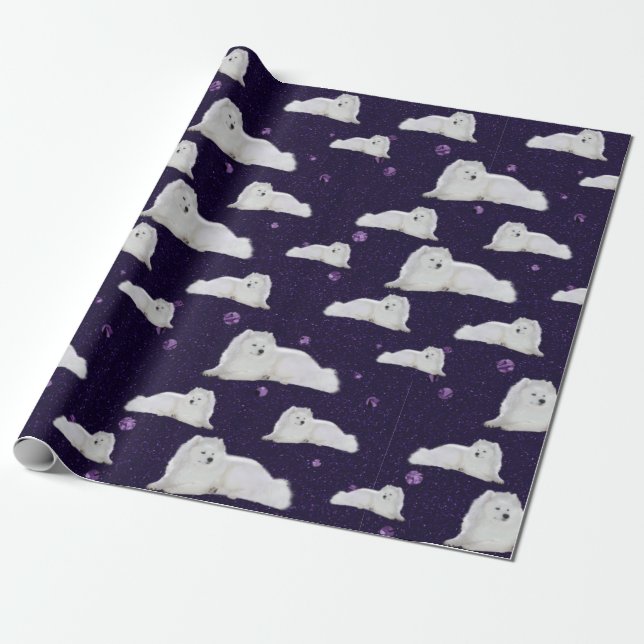 Papier Cadeau Samoyé dans l'emballage cadeau de cosmos mauve (Déroulé)