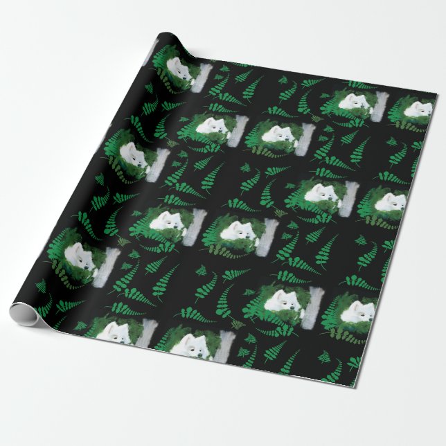 Papier Cadeau Samoyé dans un jardin; Enveloppement-Cadeau (Déroulé)