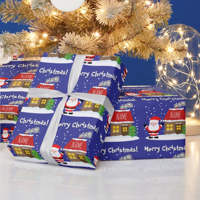 Papier Cadeau Santa Claus cartoon with house and Christmas tree (Vacances)