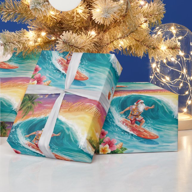 Papier Cadeau Santa Claus Christmas in July at the beach surfer (Vacances)