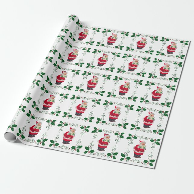 Papier Cadeau Santa Claus et Holly Noël (Déroulé)
