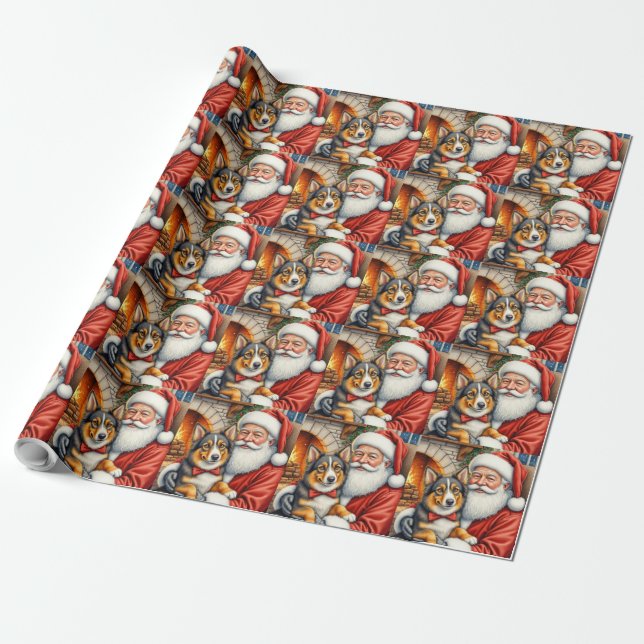 Papier Cadeau Santa Claus Holding Australian Shepherd Christmas  (Déroulé)