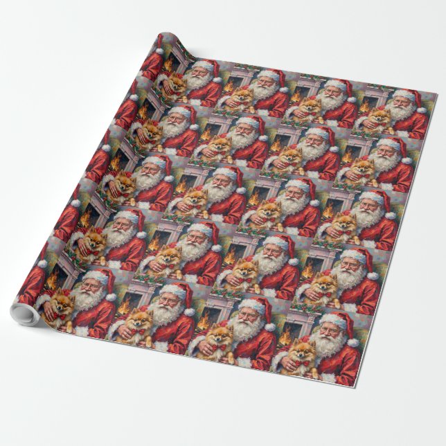 Papier Cadeau Santa Claus Holding Pomeranian Christmas Art (Déroulé)