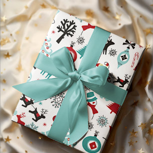Papier Cadeau Santa Claus Sleigh Reindeer Pine Trees Art Motif